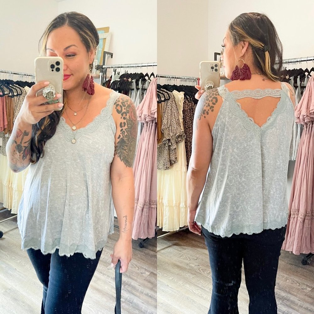 GREY Flowy Vintage Wash Lace Tank Tops - Picture 1 of 6